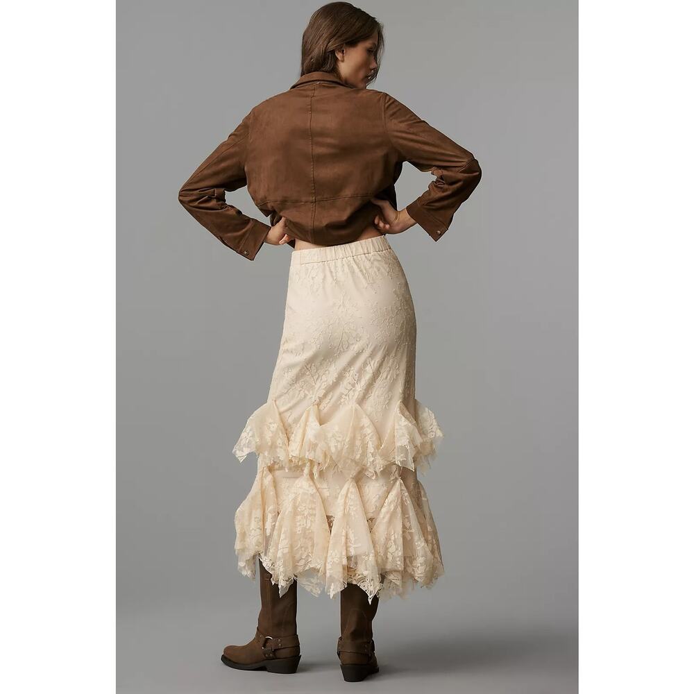 NWT Anthropologie Mare Mare Lace Tiered Midi Skirt $258 X-SMALL Tan BOHO CHIC - Picture 4 of 5